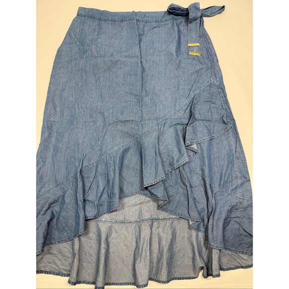 Michael Kors Dresses & Skirts - Michael Kors Chambray ruffle lightweight denim faux wrap skirt size Large NWOT